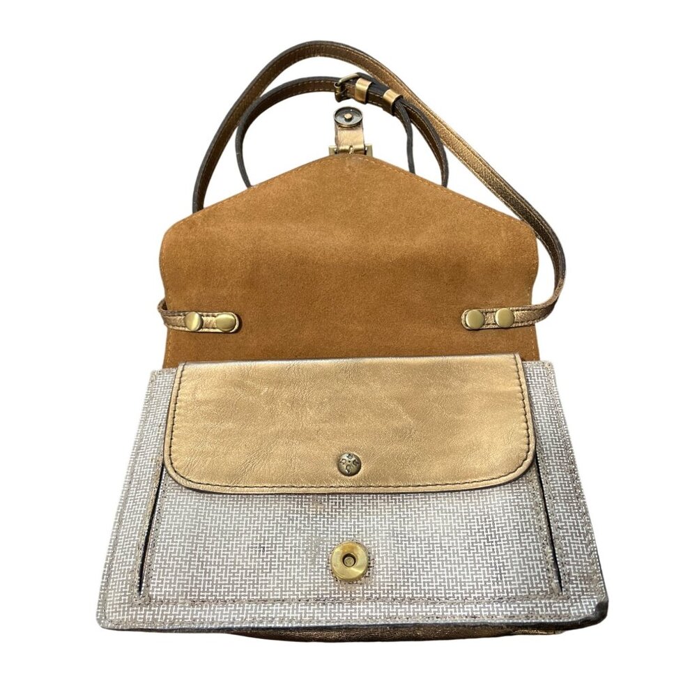 Patricia Nash Crossbody Bag Cassano Herringbone Tweed Buckled Tan Gold Cream - Picture 3 of 10
